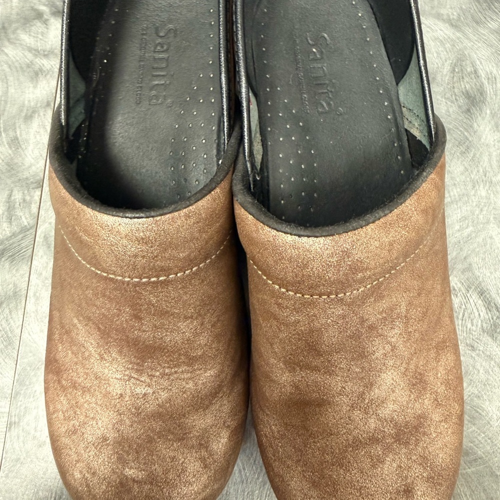 Sanita Bronze PU Leather Slip-On Clogs with Black Insole